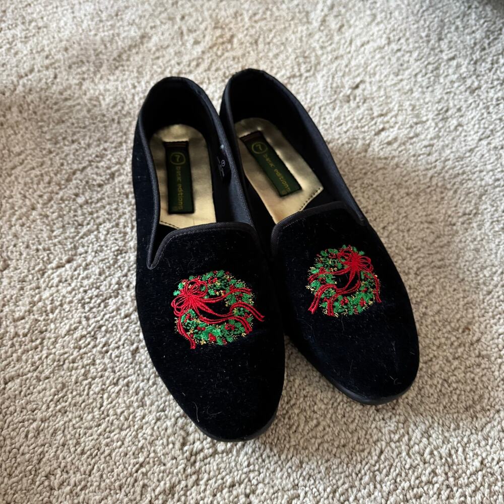 Vintage Basic Editions Black Velvet Loafers Flats Christmas Wreaths Women Size 7 - Picture 3 of 9
